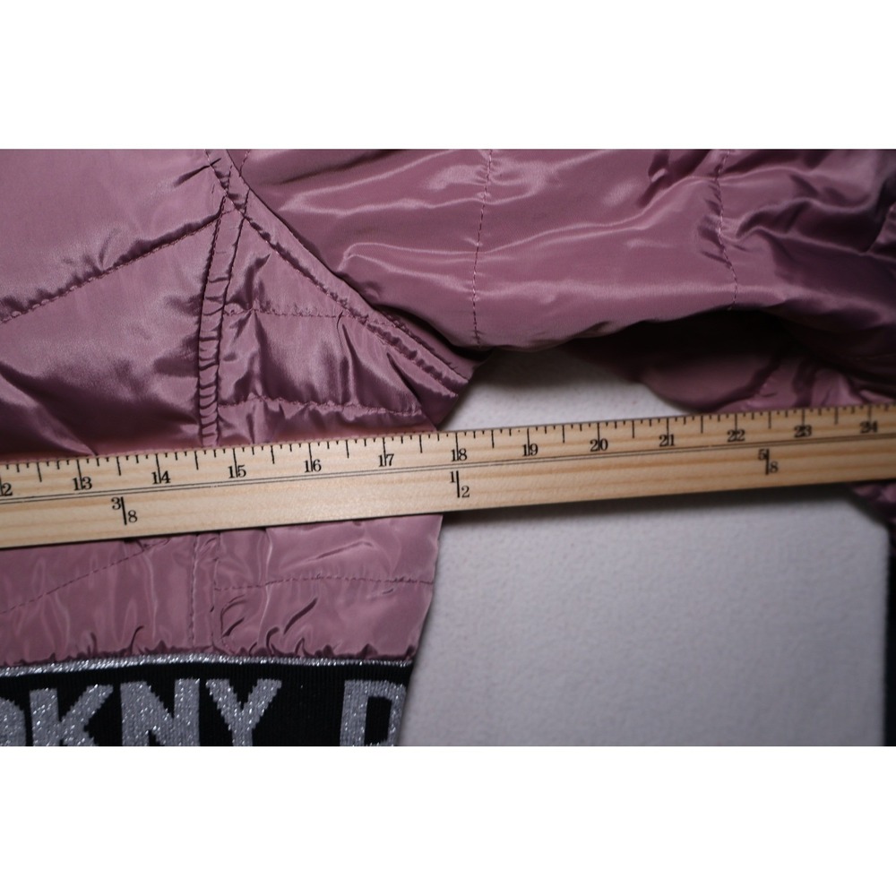 DKNY Women Mauve Pink Puffer Jacket Faux Fur Lined Hooded Logo Waist Coat - Picture 7 of 8
